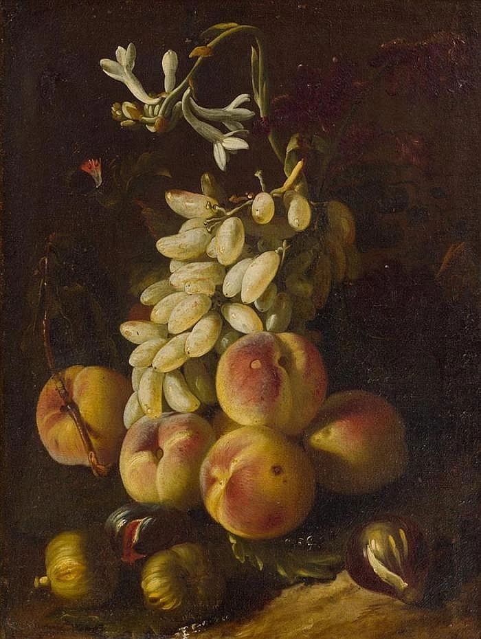 Natura morta con uva e pesche